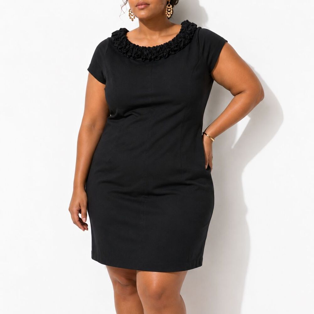 Jessica Howard Dress Womens 22W Black Rosette Neck Sheath Short Sleeve Plus Size